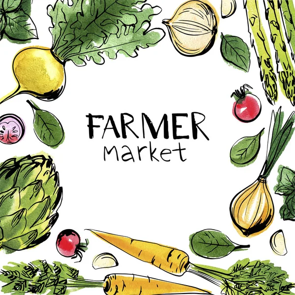 Desenho de legumes moldura quadrada aquarela. Alimentos frescos para explorações agrícolas —  Vetores de Stock