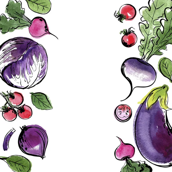 Grönsaker skissa akvarell fyrkantig ram. Färsk mat från jordbruket — Stock vektor