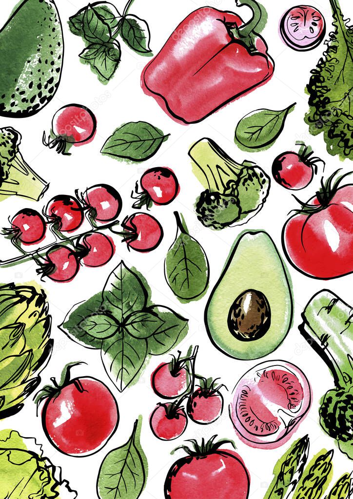 Vegetables sketch watercolor square frame. Fresh farm food