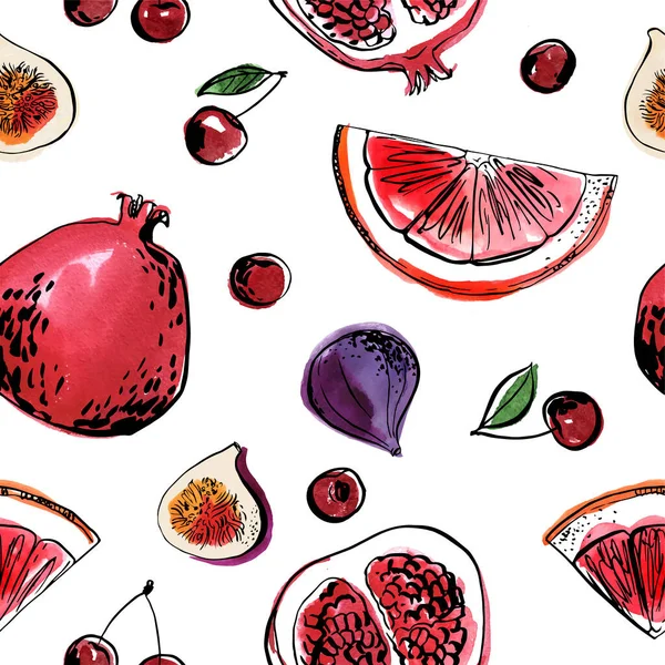 Pattern sketch food watercolor ink. Fruit on a white background. Pomegranate, grapefruit, fig — Stock Vector