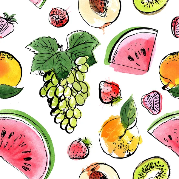 Patrón boceto comida acuarela tinta. Fruta sobre fondo blanco. Granada, pomelo, kiwi, sandía, lima — Archivo Imágenes Vectoriales