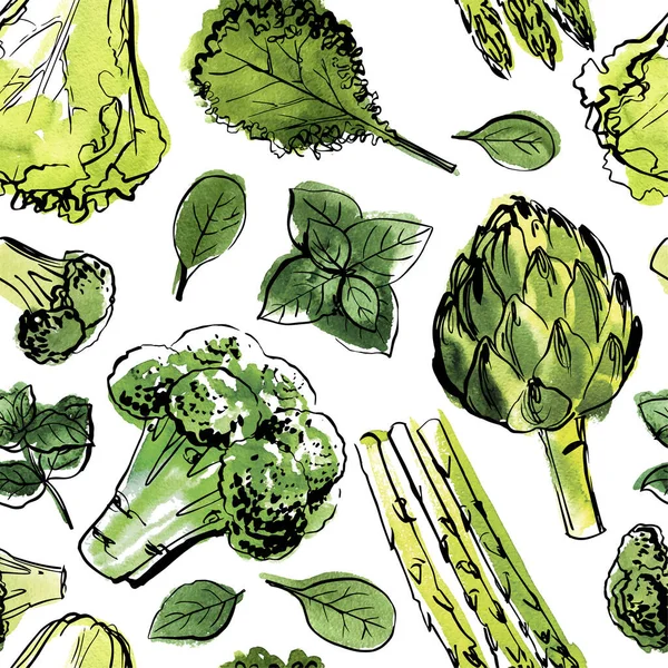 Dibujo de patrón vectorial de verduras. Esbozo de color de la comida — Vector de stock