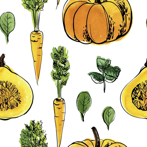 Esboço de vetor padrão de legumes. Esboço a cores de alimentos —  Vetores de Stock