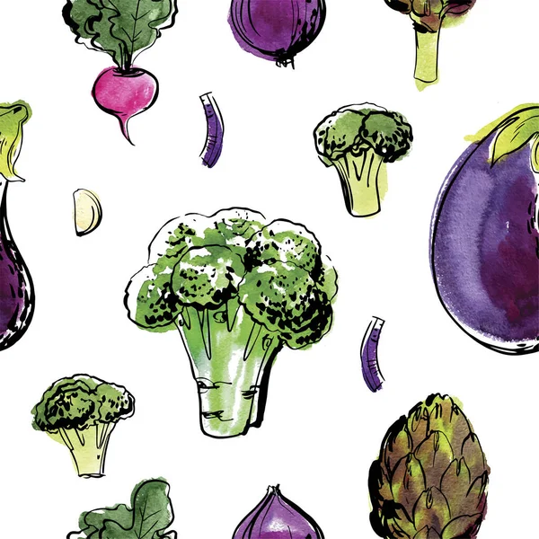 Dibujo de patrón vectorial de verduras. Esbozo de color de la comida — Archivo Imágenes Vectoriales