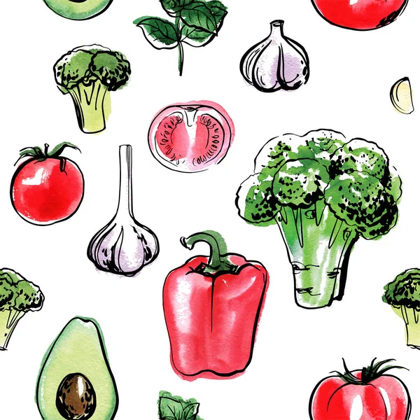 Dibujo de patrón vectorial de verduras. Esbozo de color de la comida — Archivo Imágenes Vectoriales