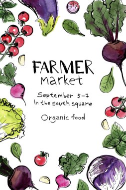 Suluboya mürekkep sebze posteri. Taze tarım besin çerçevesi.