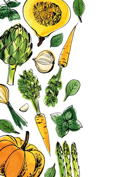 Affiche de légumes encre aquarelle. Cadre alimentaire frais de la ferme. — Image vectorielle