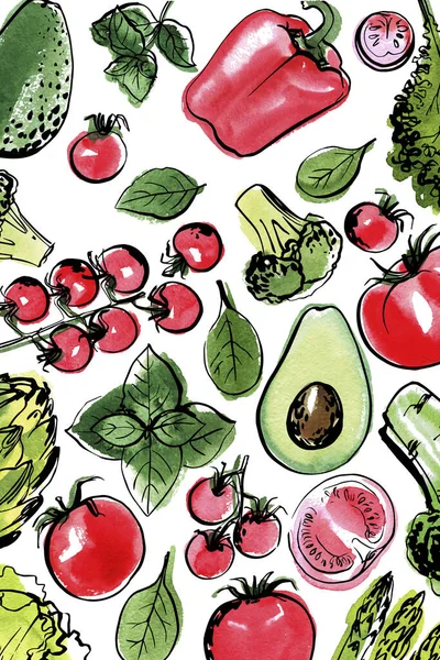 Υδατογραφία μελάνι αφίσα λαχανικών. Πλαίσιο νωπών τροφίμων της εκμετάλλευσης. — Διανυσματικό Αρχείο