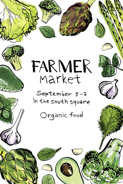 Watercolor ink vegetable poster. Farm fresh food frame. — Stock Vector