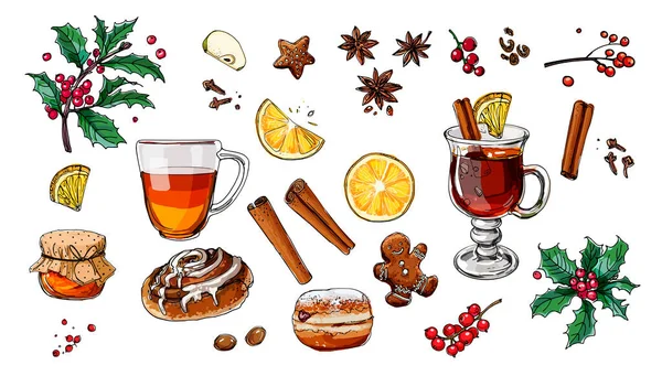 Winter trinkt Skelettmahlzeit auf weißem Hintergrund. Weihnachtsessen, Glühwein, Brötchen, Stechpalme. Getränke und Süßigkeiten. Tasse Kaffee von oben, Brötchen, Teller. — Stockvektor