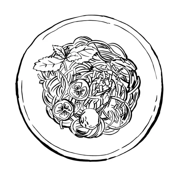 Σπαγγέτι. Ζυμαρικά ζωγραφισμένα ακουαρέλα σε λευκό φόντο. Μελάνι σκίτσο του φαγητού. Ιταλική κουζίνα. — Διανυσματικό Αρχείο