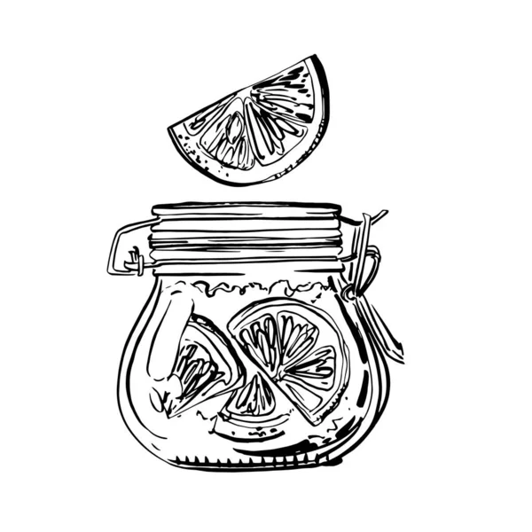 Un frasco de mermelada de naranja. Boceto vectorial de la comida en tinta sobre un fondo blanco. — Vector de stock