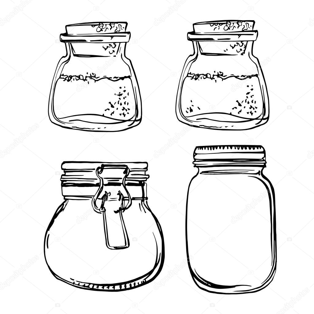 Glass jars with a lock. Vector sketch of food in ink on a white background.
