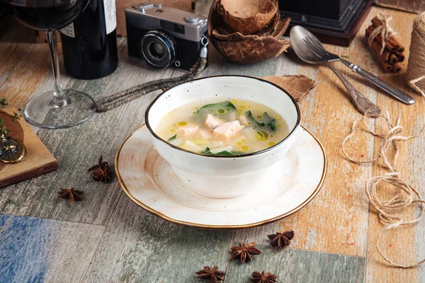 Delicious gourmet salmon and spinach soup — Stock Image Delicious gourmet salmon and spinach soup Stock Picture