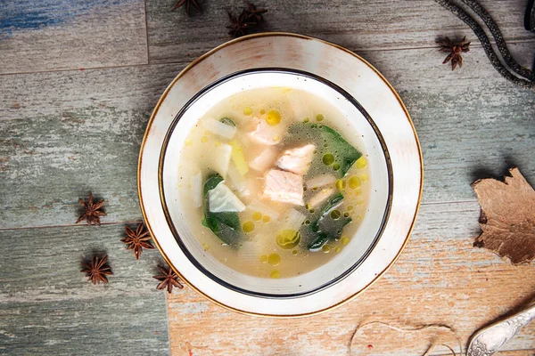 Delicious gourmet salmon and spinach soup — Stock Image Delicious gourmet salmon and spinach soup Stock Photo