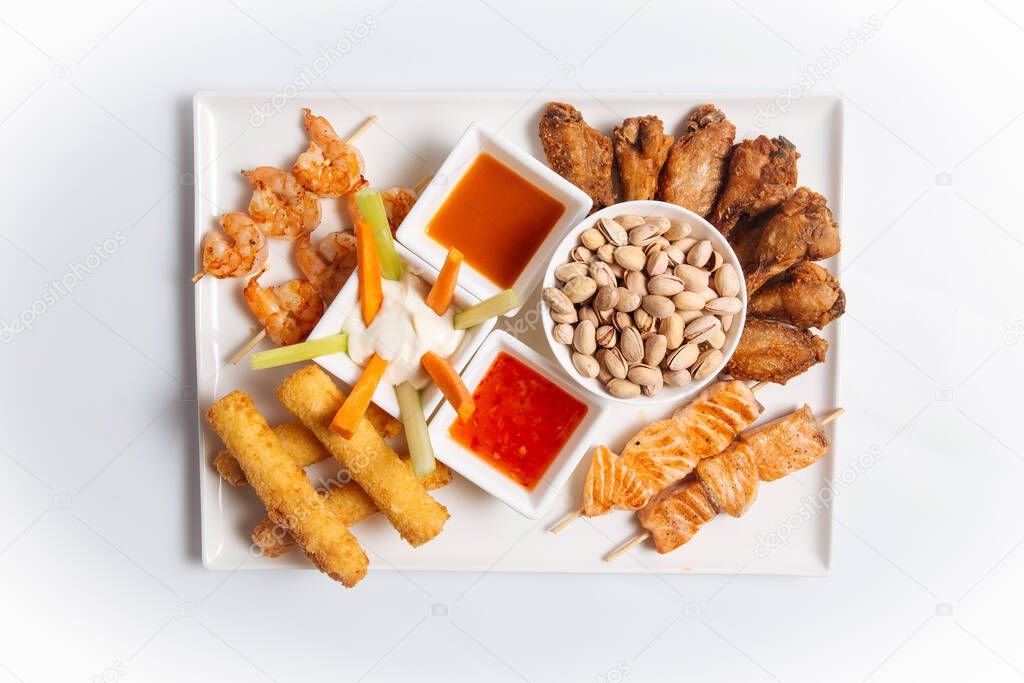 Isolated beer appetizer seafood snack platter 