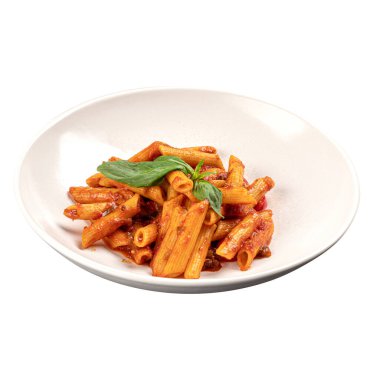 Isolated penne pasta in tomato-based sauce garnished with fresh basil, served on white plate