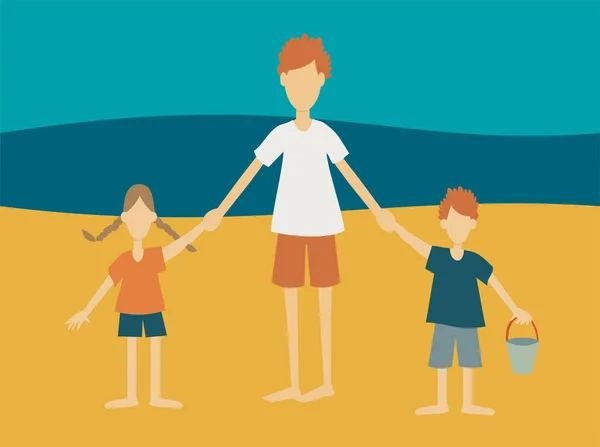 Illustration Eines Vaters Der Mit Kindern Strand Spazieren Geht Vatertagsfeier — Stockvektor