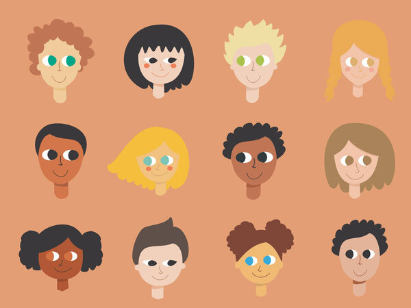Illustration of a set of children faces from different nacionalities and skin colors - Racism and equality concept - Black Lives Matter