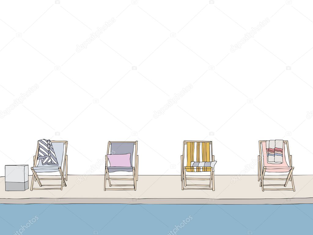 Illustration of chairs with towels near the pool - Social distance summer after coronavirus quarantine