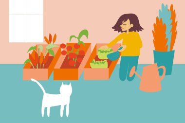 Kentsel gıda bahçesinde organik ve taze sebze yetiştiren bir kadın tasviri - sürdürülebilirlik ve veganizm