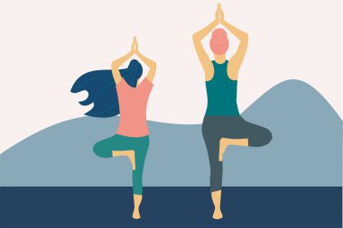 İki kadının yoga pozisyonu uyguladığı bir resim. Zindelik ve sağlık