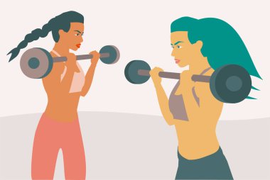 İki fitness kadınının halterle ağırlık kaldırması.