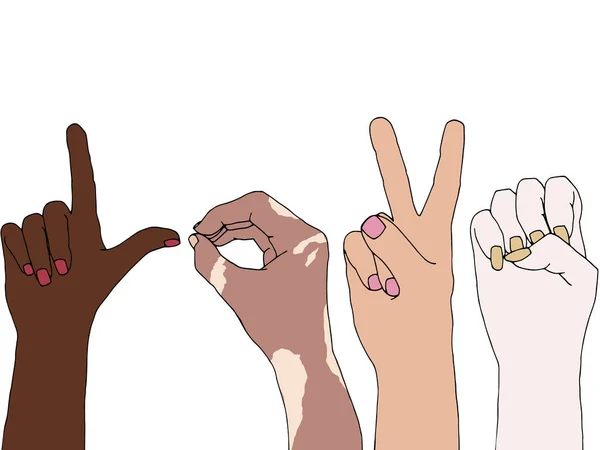 Illustration Différentes Personnes Peau Levant Main Pour Égalité Concept Racisme — Image vectorielle