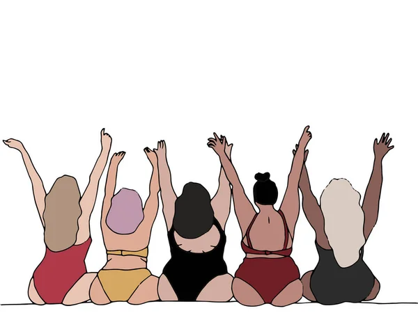 Illustration Rétrospective Femmes Taille Assises Les Unes Côté Des Autres — Image vectorielle