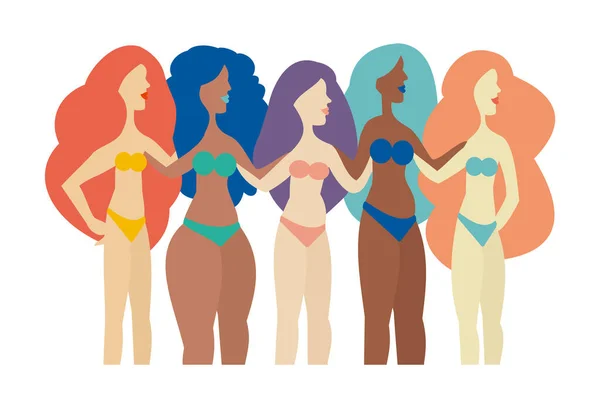 Grupo Mujeres Con Diferentes Formas Abrazando Sus Cuerpos Concepto Corporal — Archivo Imágenes Vectoriales