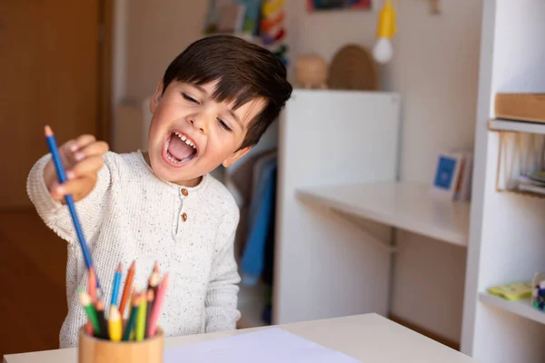 Malý Předškolák Kreslí Barevnými Tužkami Domácí Výuka Studijní Komunita Montessori — Stock fotografie