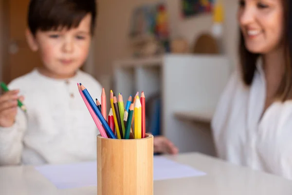 Little Preschooler Kid Drawing Coloured Pencils Mother Teacher Educator Focus — Stock Photo, Image