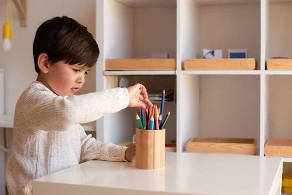 小孩子用彩色铅笔画画 在家学习 学习社区 蒙特梭利学校 — 图库照片