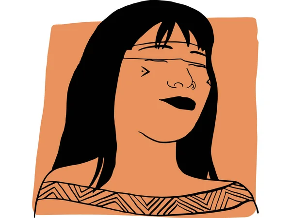 一个带有橙色样本的部落妇女的手绘轮廓画像 不同的人和不同的肤色的组合 多样性摘要E — 图库矢量图片