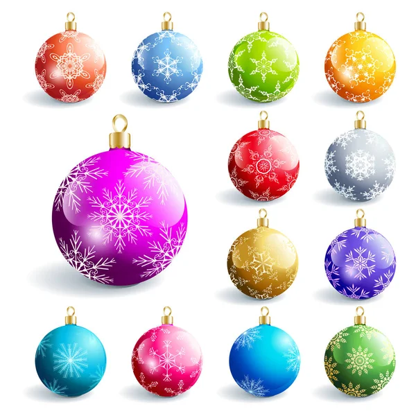 Uppsättning Vackra Färgglada Glödande Glas Nyår Och Jul Bollar Isolerad — Stock vektor