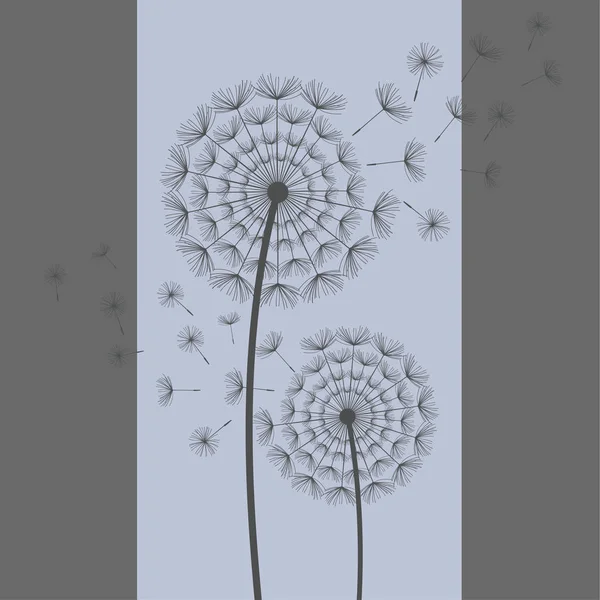 Beautiful Abstract Blue Grey Background Two Stylized Black Dandelions Blowing — Stock Vector