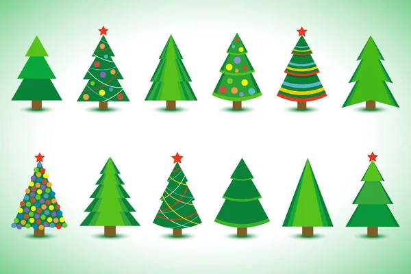 一套不同的新年冷杉树与五颜六色的圣诞球和花环孤立在白色的背景 平面设计的元素 冬季图标 向量例证 — 图库矢量图片