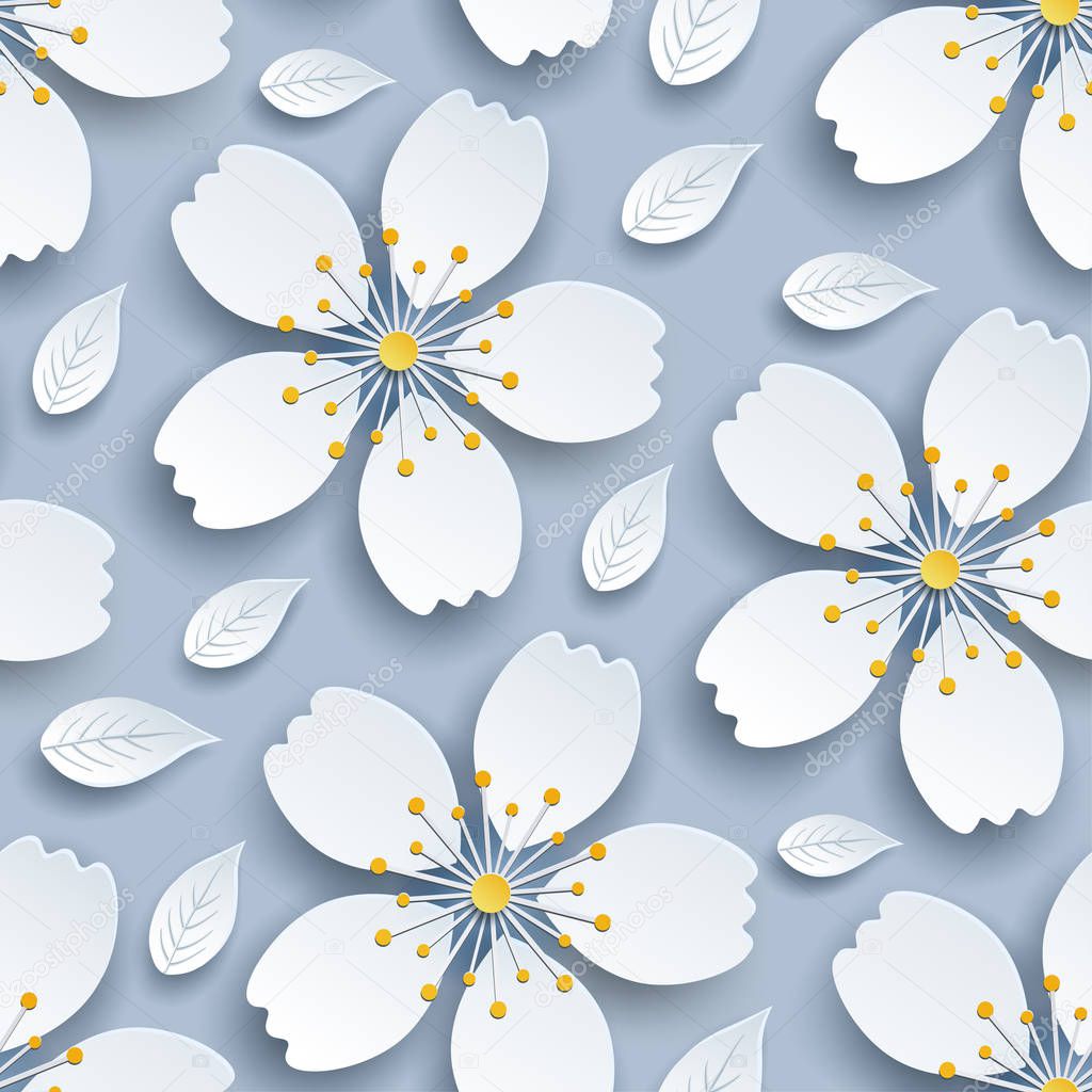 Beautiful modern elegant background seamless pattern with decorative white 3d sakura flowers, japanese cherry tree blossom and leaves cutting paper. Floral stylish trendy wallpaper. Graphic design, vector