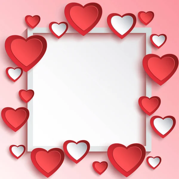 抽象明亮的情人节的背景与程式化的红色和白色3D 心切纸 现代时尚的壁纸 方形框架 美丽的时尚爱情卡 向量例证 — 图库矢量图片