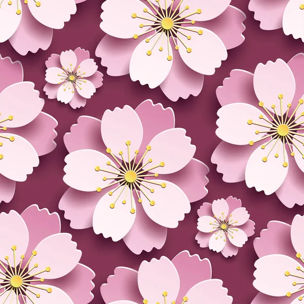 美丽的现代栗色背景无缝图案 装饰白色 粉红色3D 日本樱桃树花切纸 花性时尚时尚壁纸 平面设计 向量例证 — 图库矢量图片