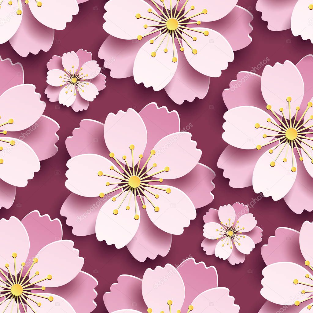 Beautiful modern maroon background seamless pattern, decorative white, pink 3d sakura flower, japanese cherry tree blossom cut paper. Floral trendy stylish wallpaper. Graphic design. Vector illustration
