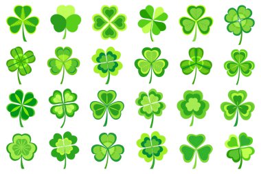 Stilize trendy yeşil Patricks beyaz arka plan üzerinde izole yonca yaprağı kümesi. St Patrick's day için grafik tasarım güzel unsurları. Şık yaratıcı modern simgeler yoncaları. Vektör çizim 