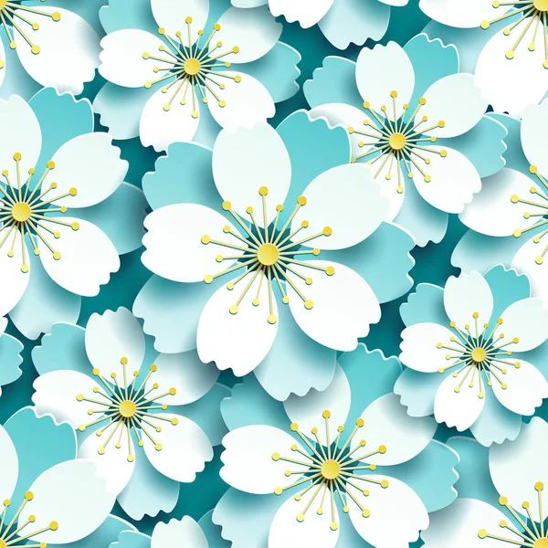 美丽的现代蓝色背景无缝图案与装饰白色3D 日本樱桃树花剪纸 花卉时尚壁纸 时尚的平面设计 向量例证 — 图库矢量图片