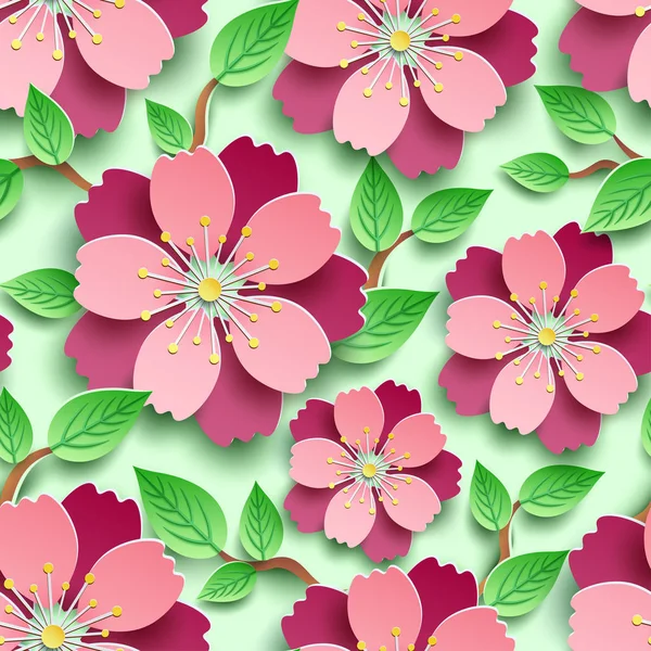 时尚无缝模式与樱花分店 明亮的背景与装饰粉红色 红色3D 花和绿叶 日本樱桃树花切纸 花卉时尚的现代壁纸 平面设计 向量例证 — 图库矢量图片