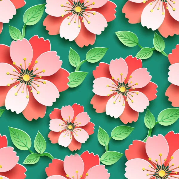 明亮的无缝图案与3d樱花花 — 图库矢量图片