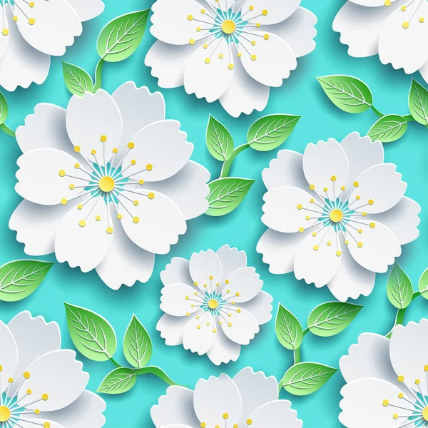 Seamless pattern with white sakura and green leaves — Stock Vector