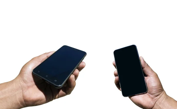 Mano Del Hombre Sosteniendo Teléfono Inteligente Negro Sobre Fondo Blanco — Foto de Stock