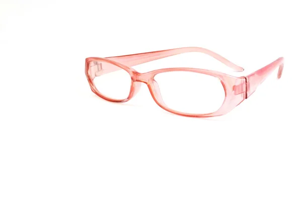 Perto Dos Óculos Cor Rosa Fundo Branco — Fotografia de Stock