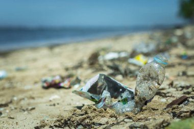 Çöp ve plastik sahilde yalan. Plastik Okyanusu. Çöp atma.