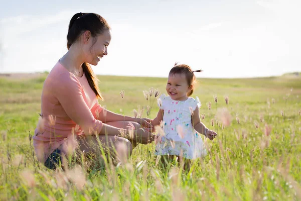 Famille jouant dans les champs au sommet d'une colline herbeuse passer un bon moment — Photo